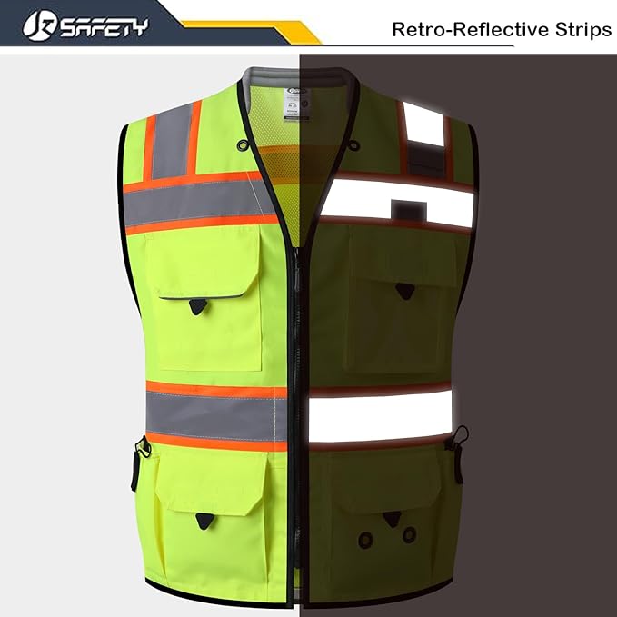 JKSafety Hi-Vis Unisex Surveyor Safety Vest Heavy Duty PPE Inner Pockets ANSI/ISEA Compliant