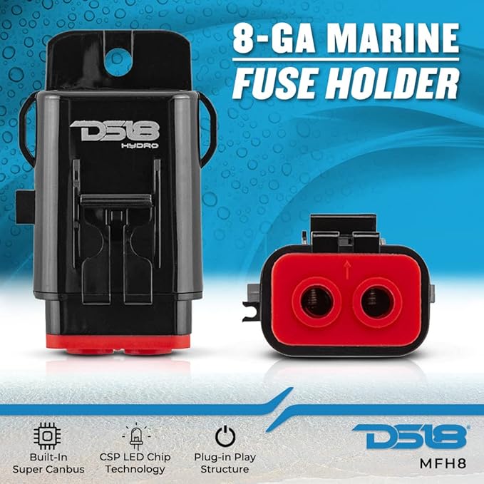 DS18 New Hydro MFH8 - Marine Fuse Holder 8 AWG, Waterproof, Red Silicone Sheat, Included Brass Accessories