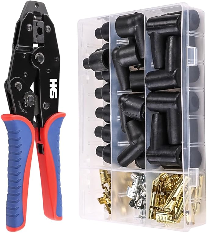 Spark Plug Wire Crimping Tool Kit for Ignition Cables, Ratcheting Crimper, 24 Spark Plug Terminals (180° 90° Straight), 24 Boots, Fits up to 8.5mm Wires