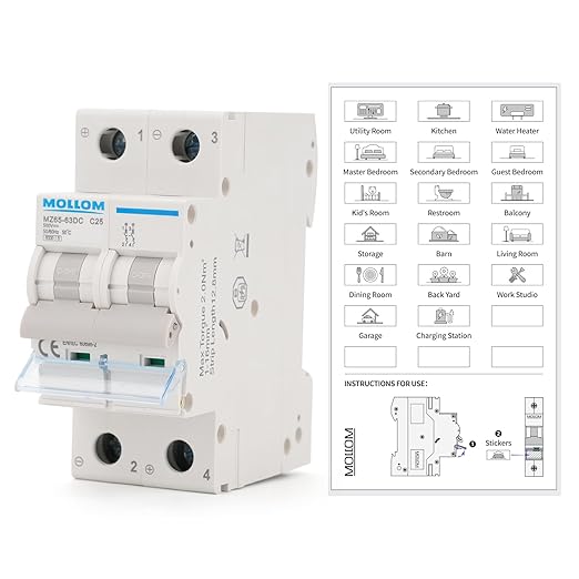 MOLLOM DC 2 Pole Miniature Circuit Breaker, 500V 25Amps, C25 Scene Visualization Custom MCB Thermal Magnetic Trip, 6KA Breaking Capacity DC Disconnect Switch for Solar PV System