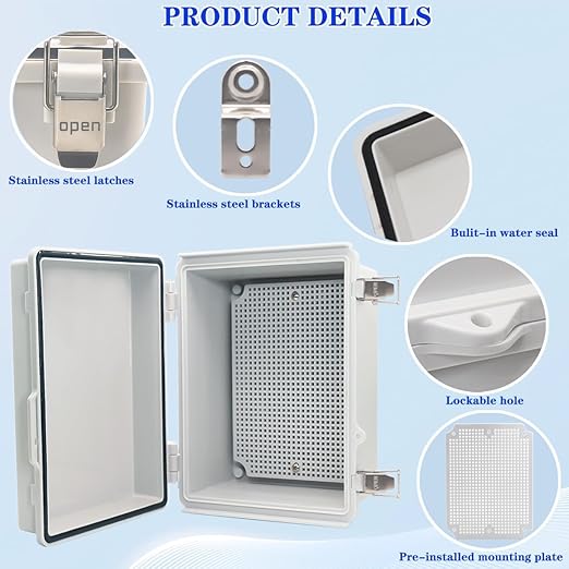2Pcs Outdoor Waterproof Electrical Junction Box Weatherproof IP67 ABS Plastic Enclosure Switch Router Project Box Electronics DIY Enclosure With Mounting Plate Wall Bracket Grey 8.6x6.7x4.3in