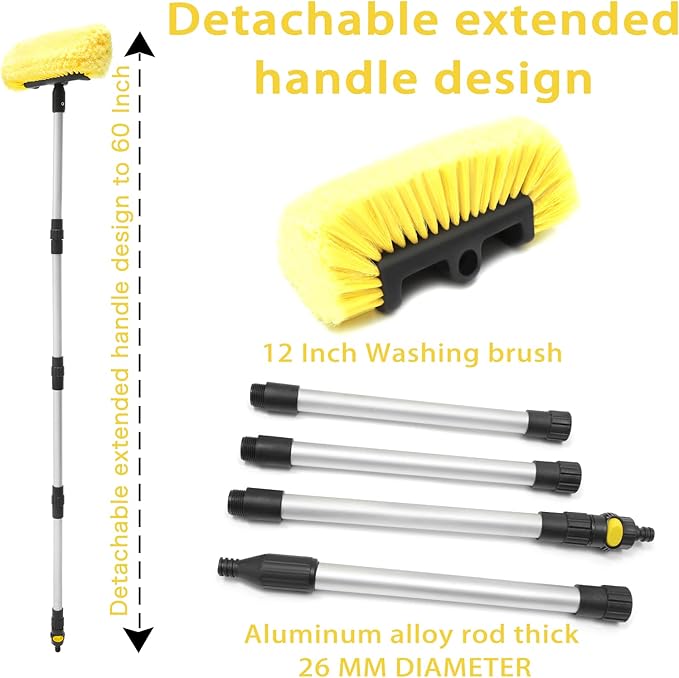 60" Car Wash Brush with Long Handle Soft Bristle Scrub Cleaning Mop with Extendable Handle for Car SUV Truck Caravan Boat Solar Panel House Siding, Sweep Snow, Yellow