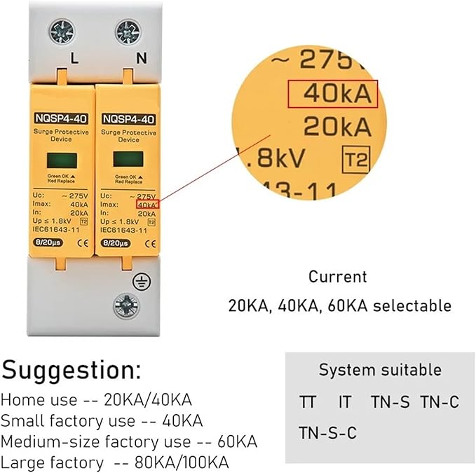 Surge Arrester Protective Lightning Protector AC SPD Surge Protector 275V 385V 10KA 20KA 30KA 40KA 50KA 60KA 2Poles Lightning Protection T2 Class TT TNS TNC Power Use