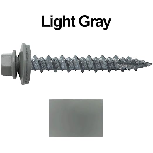 Metal ROOFING SCREWS: (250) 10 x 1-1/2" Light Gray Hex Head Sheet Metal Roof Screw. Self starting metal to wood siding screws. EPDM washer. Colored head