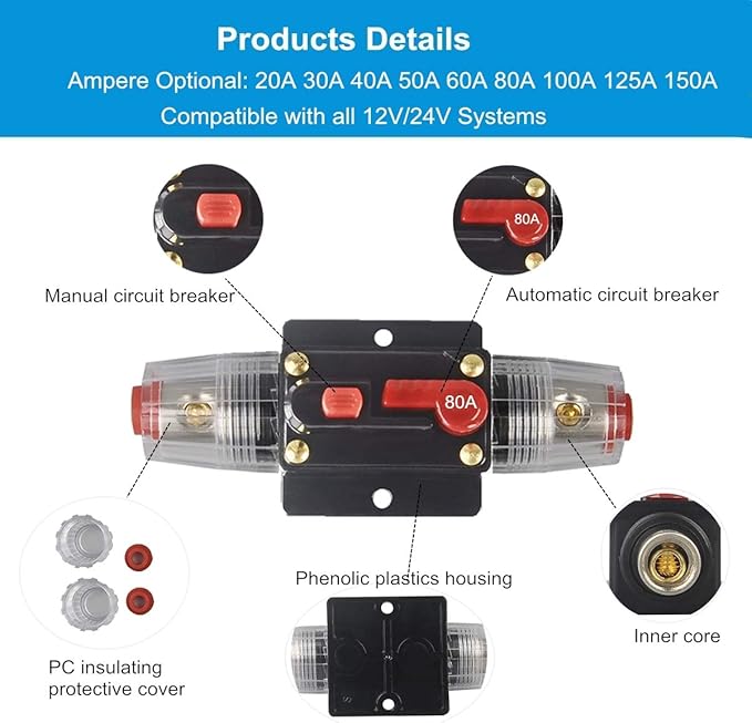 30A 40A 50A 60A 80A 100A 150A Audio Circuit Breaker Auto Car Stereo Inline Fuse Holders Inverter, Manual Reset 12V-24V DC for Automotive Marine Boat Audio System Protection (80A)