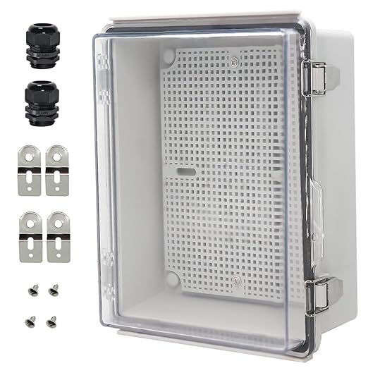 Zulkit Junction Box IP67 Waterproof Electrical Box Hinged Clear Cover Stainless Steel Latch Plastic Enclosure for Project w Mounting Plate Wall Bracket and 2 Cable Gland 8.7"x6.7"x4.3"/220x170x110mm