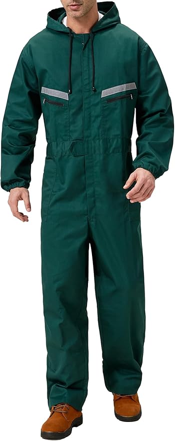 Mens Work Coveralls Mechanic Hooded Overall Workwear Jumpsuits Long Sleeve Hi Viz Coverall with Zippers