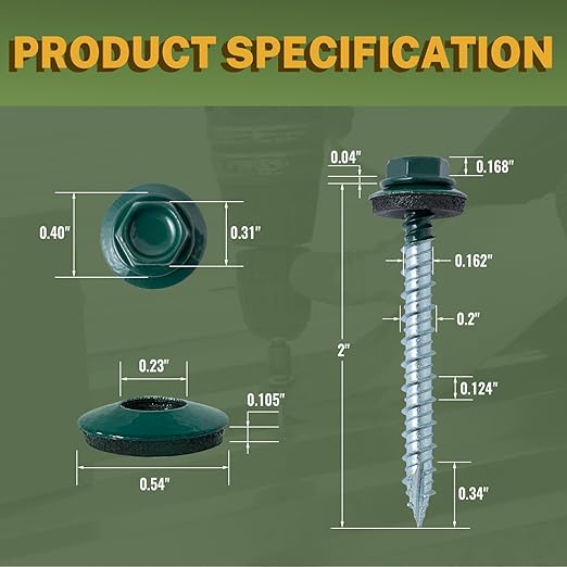 LIONMAX Metal Roofing Screws #10 × 2 Inch, 300-PCS, Forest/Ivy Green Painted Hex Head Sheet Metal Roof Screws, Rubber Washer, Sharp Point, Metal to Wood Siding Screws, Hex Socket Included