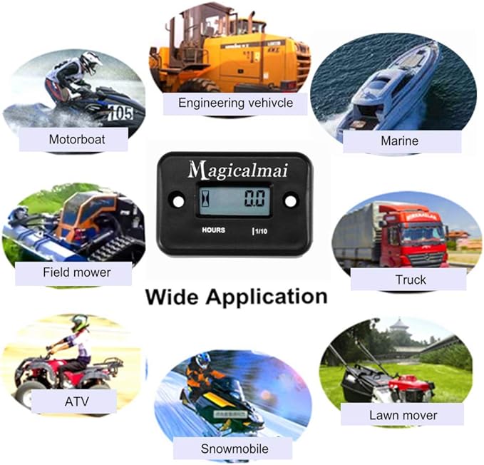 Inductive Hour Meter for Gas Engine Generator Lawn Mower Pressure Washer Marine ATV Boat Outboard Motor Dirt Bike Motorcycle Waterproof Hr Meters - Black