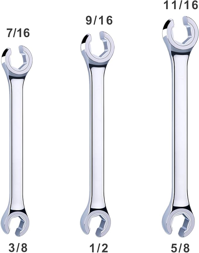 3-Piece Premium Double-End SAE Flare Nut Wrench Set, Size 3/8”, 7/16”, 1/2”, 9/16”, 5/8”, 11/16” | Cr-V Steel, 6-Point Head, 15° Offset | Perfect Line Wrench for Fuel, Brake, Air Conditioning and More
