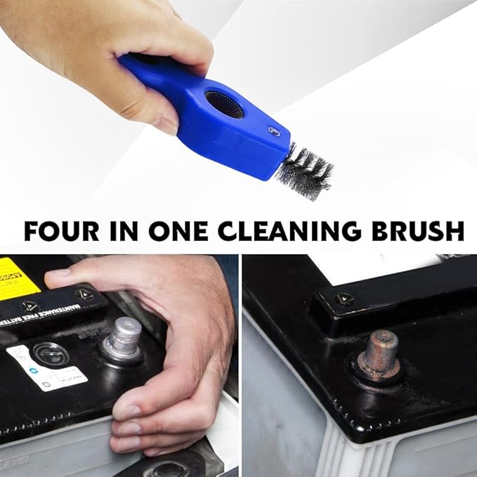 4 in 1 Car Battery Cleaning Brush, Battery Terminal Brush, Anti-Rust Auto Battery Cleaner with Steel Wire, Car Accessories Vehicle Machine Parts Cleaning Tools Fit for Auto Marine (Blue)