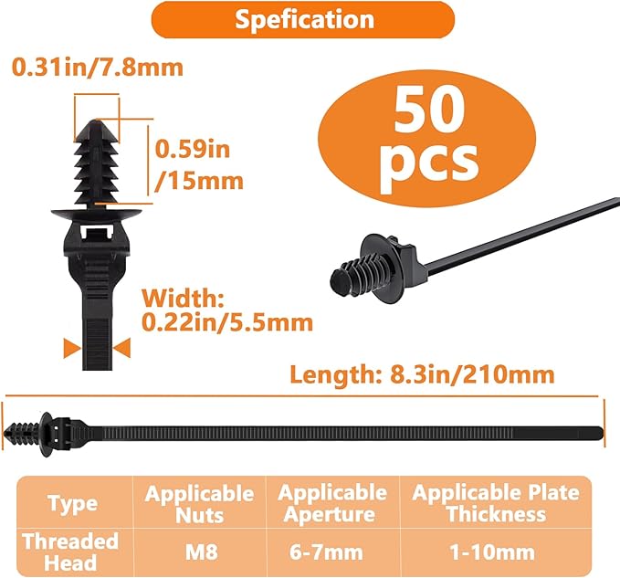 Fir Tree Push Mount Zip Ties 8 Inch Threaded Automotive Fuel Line Cable Ties Nylon Wire Holder 8.3"x0.22" 50Pcs