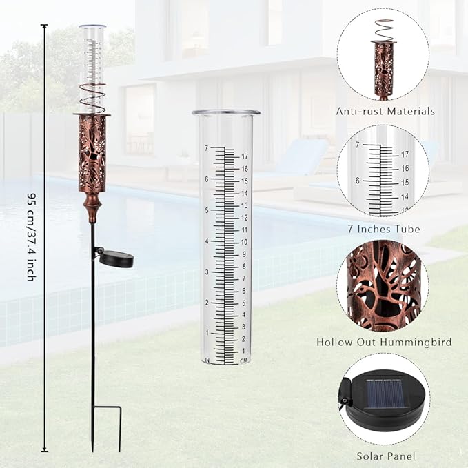 Rain Gauge Outdoor, Hollow Out Hummingbird Solar Rain Gauge, 7 Inch Tube Rain Measure Gauge with Stake, Decorative Metal Rain Measure Tool for Yard, Lawn Ornaments