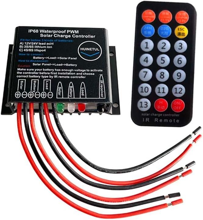 10A IP68 Waterproof Solar Charge Controller 12V 24V PWM Solar Panel Battery Charge Controller with IR Remote Control for Lithium Ion Lifepo4 Lead Acid Battery 24hrs Dust to Dawn Timer