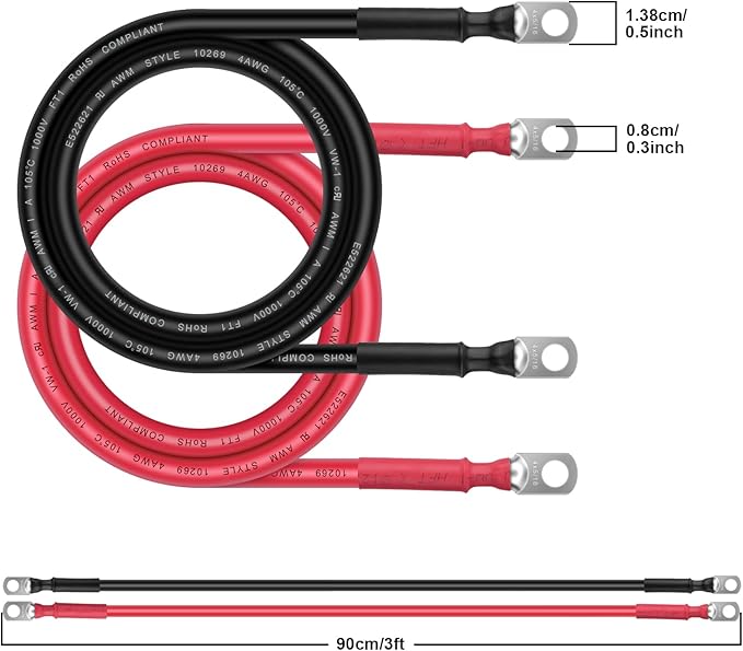 Battery Cable - iGreely 4 AWG 4 Gauge Wire Made with OFC Copper PV Wire Battery Power Inverter Cables with 5/16" Lugs Terminals for Solar Panel Automotive Motorcycle RV Marine 3ft/90cm