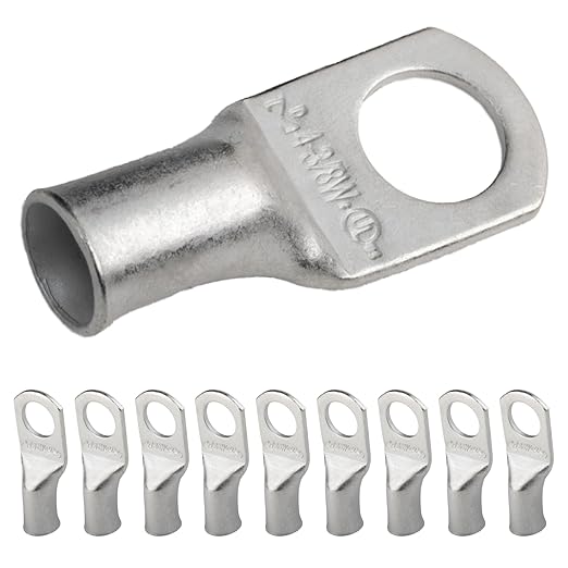 SELTERM 10pcs 4 AWG-3/8" Stud (Wide Pad) Tinned Copper Wire Lugs, Heavy Duty Battery Cable Ends,4 Guage Ring Terminals, UL Battery Lugs Marine Grade Copper Eyelets Battery Terminal Connectors