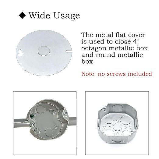 4 Packs Round Electrical Box Cover with 1/2 Inch Knockout, 4 Inch Metal Junction Box Covers, Flat Outlet Box Cover for 4 inch Octagonal Box and Round Box