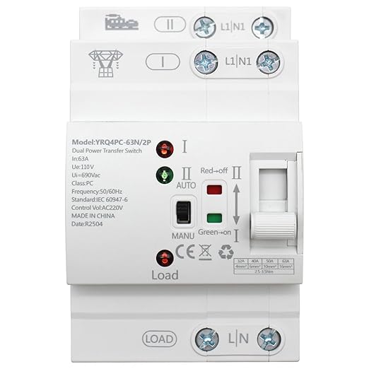 Mini ATS Automatic Transfer Switch 2P 63A 110V, Dual Power Auto/Manual Changeover for Generator/UPS/Solar – DIN Rail Mounted Uninterruptible Power Controller for Home RV Backup, 50/60Hz CE Certified