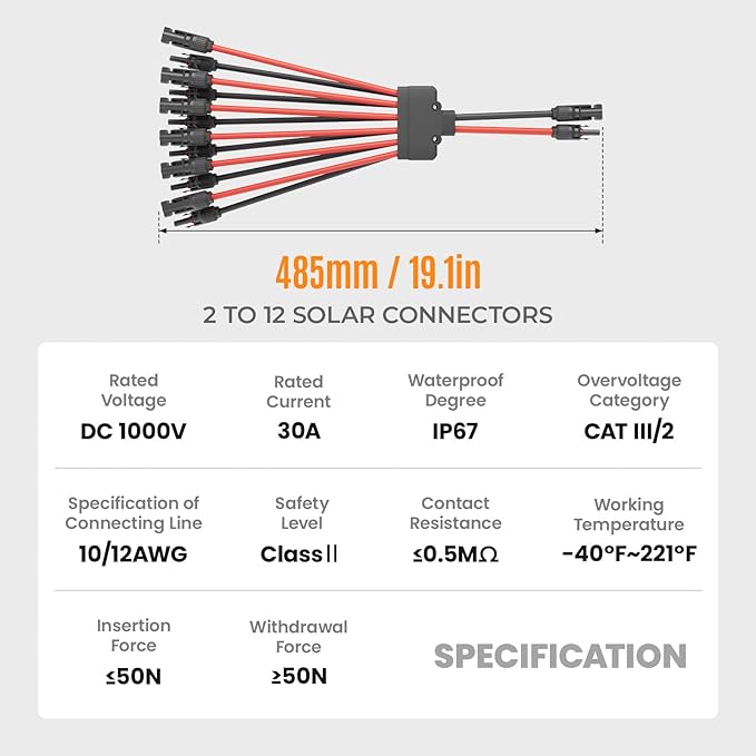 Solar Panel Connector 12 to 2 Solar Y Branch Connectors PV Panels Parallel Connectors Kit Adapter Waterproof Wire Plug Tool for Solar Panel(2 Pcak MF/FFFFFFMMMMMM)