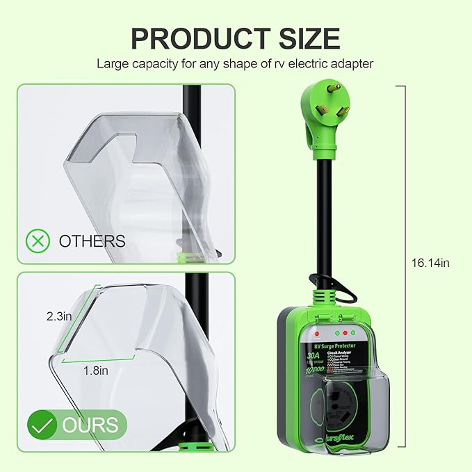 Marsflex Rv Surge Protector, 30amp Rv Circuit Analyzer, 10000 Joules Surge Protection with Waterproof Cover, LED Display, rv Voltage Protector for Camper, Travel Trailers, Motorboat, Color Green