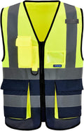 Small Yellow&Navy High Visibility Safety Vest with ZIPPER 4 Reflective Strips 7 Pockets