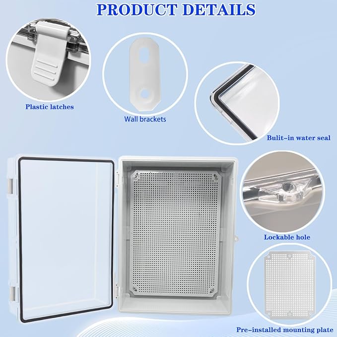 Waterproof Outdoor Electrical Box Junction Box Weatherproof IP67 ABS Plastic Enclosure Switch Router Project Box with Mounting Plate with Wall Bracket 2 Cable Glands Clear 15.4"x11.4"x6.3"