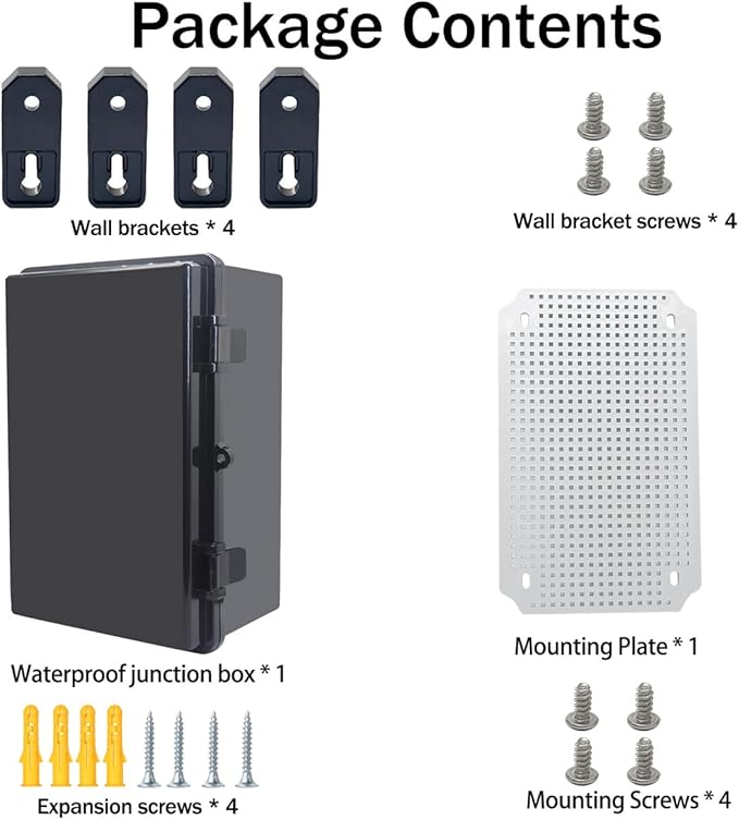 Junction Box, Hinged Black Cover IP67 Waterproof ABS Project Box with Mounting Plate Electrical Box Enclosure with Wall Bracket 11.4 x 7.5 x 5.5inch(290x190x140mm)
