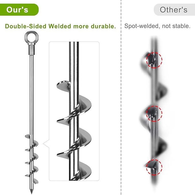 18" Heavy Duty Screw in Ground Anchors Kit, Spiral Windproof Earth Anchors for Trampoline, Shed, Swing Set & Mobile Home, Double-Sided Welded Spiral with Nut Driver Drill Bit (Set of 4)
