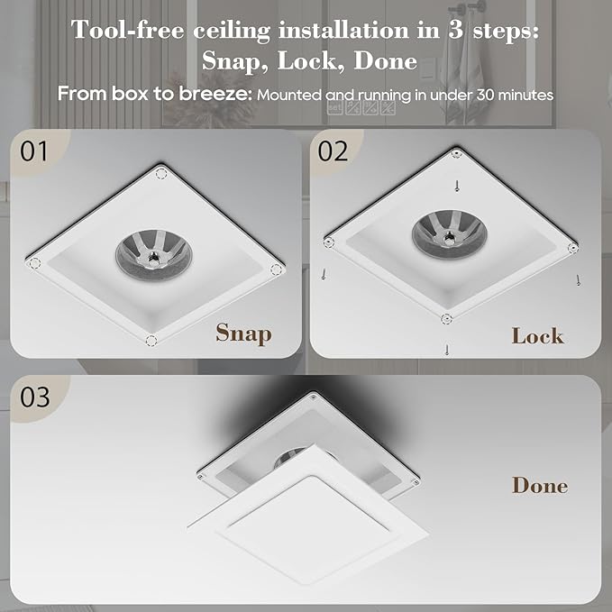 Bathroom Exhaust Fan 12" Panel Ultra Quiet without Light（10x10 Mount）, 1.0 Sone 130CFM, 4" Duct for Bathroom/Garage/Home