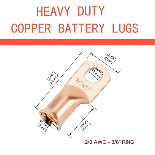 2/0 AWG 3/8" Stud (25 pcs.), Heavy Duty Copper Wire Lugs 00 Gauge Ring Terminal 2/0 Copper Wire Lugs Battery Cable Ends