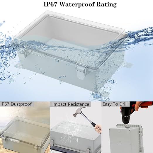 Zulkit Junction Box,IP67 Waterproof Electrical Box Hinged Clear Cover Stainless Steel Buckle Plastic Enclosure for Project w Mounting Plate Wall Bracket and 2 Cable Gland 10.2 x 6.3 x 3.9 Inch