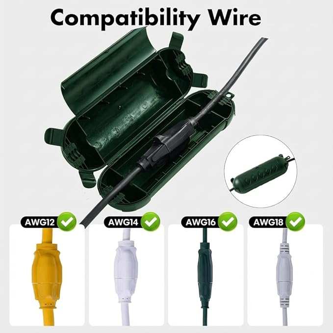 2 Pack Outdoor Extension Cord Cover IP44 Waterproof, Weatherproof Extension Cord Protector Box for Outdoor Plug & Outlet, Ideal for Christmas Lights, Garden Tools, Patio, Green