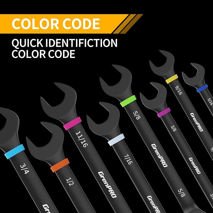 Ratchet Wrenches Set, Ratcheting Wrench Set, 9PC Sae 5/16 to 3/4 72Th Long Box Open End Ratchet Wrench Organizer With Color Ring With Roll Up Pouch With Gauge, Big Combination Wrench Tool Sets