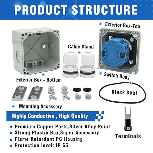 20A Rotary Changeover Switch with Exterior Box, ON-Off-ON 660V Latching Universal Selector Switch, IP65 (3 Positions 2 Poles)