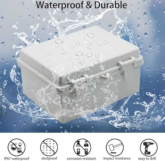 Junction Box, Hinged Cover IP67 Waterproof ABS Project Box with 2 NPT 1/2" Cable Gland, Electrical Box Enclosure with Mounting Plate & Wall Bracket 8.7 x 6.7 x 4.3inch(220x170x110mm)