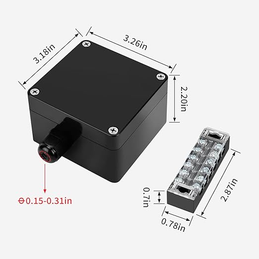 ABS IP67 Waterproof Dustproof Electrical Junction Box, with 15A 600V Barrier Terminal Cable Connector, 1 in/1 Out Power Junction Box（3.26 * 3.18 * 2.2in）