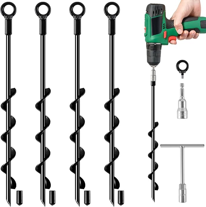 Ground Anchors Screw in, 18 Inch 4 Pack Spiral Swing Set Trampoline Earth Anchor Heavy Duty Metal Auger Stakes Kit for Shed Tent Tree Dog High Wind Carports Camping Mobile Home Greenhouse