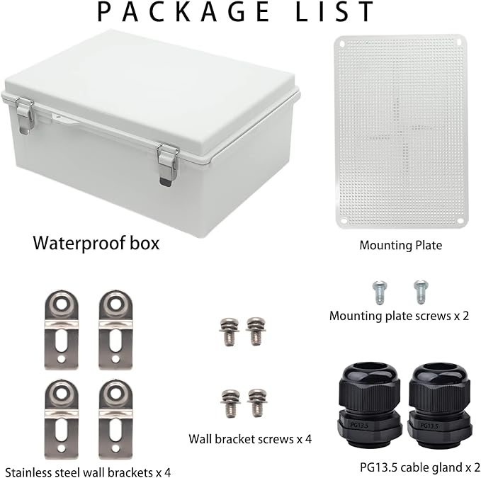 Outdoor Waterproof Electrical Box Junction Box Weatherproof IP67 ABS Plastic Enclosure Switch Router Project Box with Mounting Plate with Wall Bracket 2 Cable Glands Grey 14.6"x10.63" x5.9"