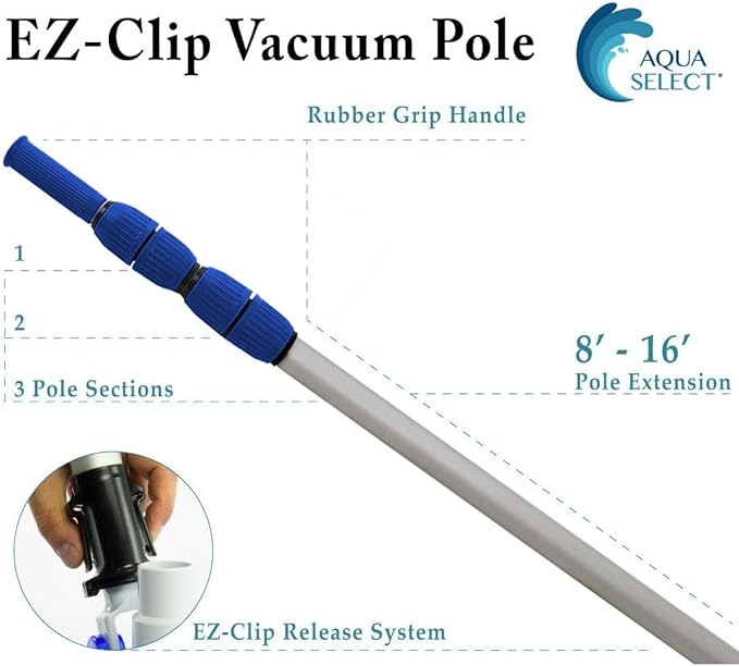Aqua Select 8-16 Foot Telescoping Pool Vacuum Pole | Heavy Duty Aluminum Pole for Leaf Skimmers, Pool Brushes and Vacuum Heads | Expandable Swimming Pool Pole | Blue