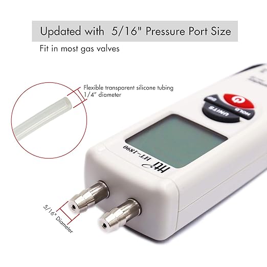 Digital Manometer, Dual Port Air Pressure Meter Pressure Gauge HVAC Gas Tester, Differential Pressure Manometer with 5/16 Inches Diameter Pressure Port, Hti-Xintai