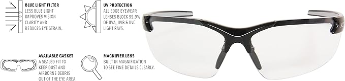 Edge DZ111VS-G2 Zorge G2 Wrap-Around Anti-Fog/Vapor Shield Safety Glasses, Anti-Scratch, Non-Slip, UV 400, Military Grade, ANSI/ISEA & MCEPS Compliant, 5.04" Wide, Black Frame/Clear Lens