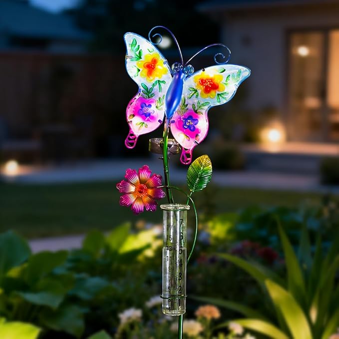 Solar Rain Gauge Outdoor, Butterfly Rain Gauge, Decorative Stained Glass Rain Measure Tool, 7 Inch Tube Rainfall Measurement for Patio, Yard and Garden