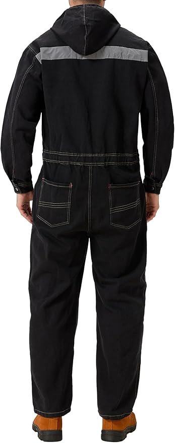 Mens Denim Work Coveralls with Hood Heavy Duty Work Jumpsuit Loose Fit Coverall Hi Viz Mechanic Jeans Overalls