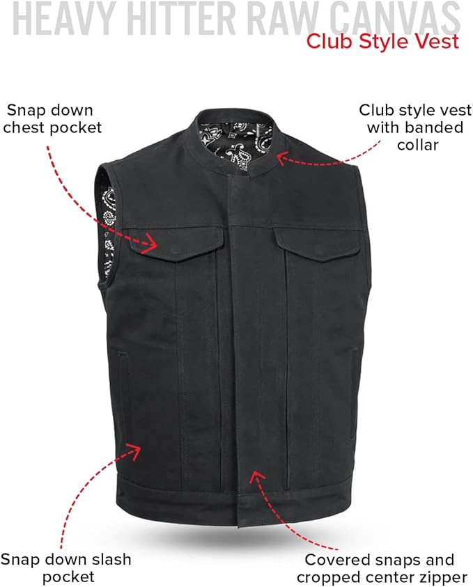 First Mfg Co - Men's Motorcycle Biker Riding Black Canvas Vest