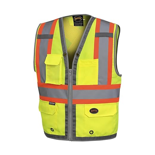 Pioneer Safety Vest for Men – Hi Vis Reflective Neon, Cool Mesh Back Panel, 12 Pockets, Zipper for Surveyor Work – Orange, Yellow/Green