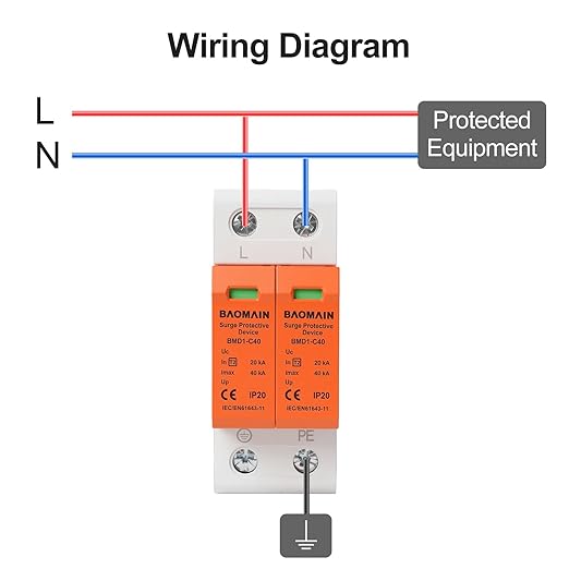 Baomain 2P (1P+N) Surge Protective,275V AC 40kA,BMD1-C40 Single-Phase SPD with Neutral Protection,DIN Rail Mounting,Flame Retardant Housing