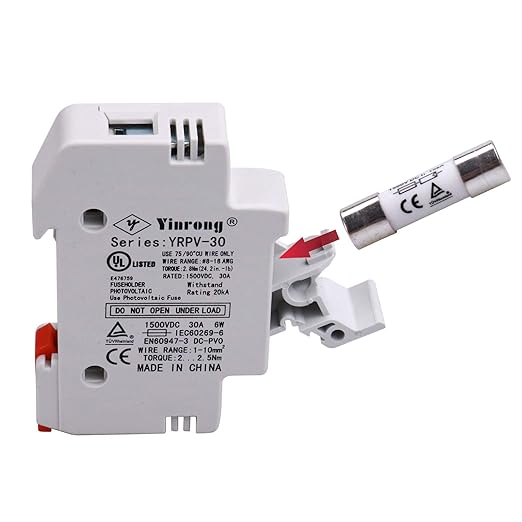 ZOOKOTO Solar Fuse Holder 30A 1500V DIN Rail Mount 1 Pole White Plastic Housing with 10x38mm Solar Fuse 30Amp