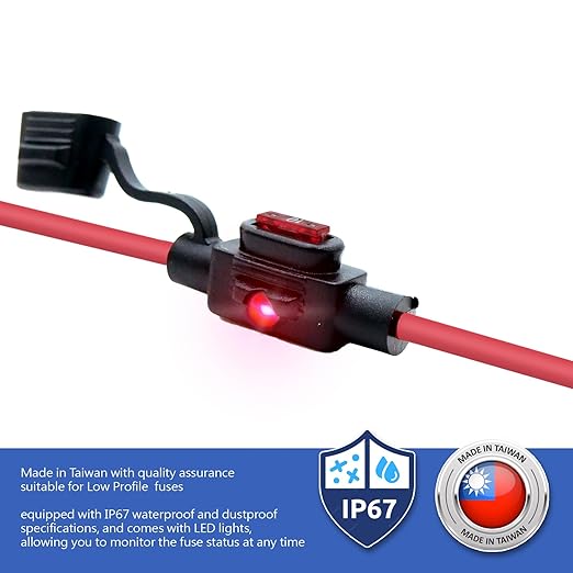 Waterproof in-line Low Profile LED Fuse Holder,12 AWG for Automotive, Marine（2 Pack）