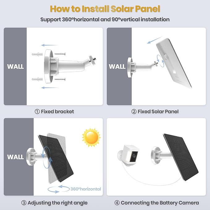 FlexSolar 1 Pack 6W Solar Panel for Security Camera Outdoor, 5V USB Solar Charger Compatible with Rechargeable Battery Powered Cam, Camera with IP67 Waterproof, 9.8ft Cable, 360° Adjustable Bracket