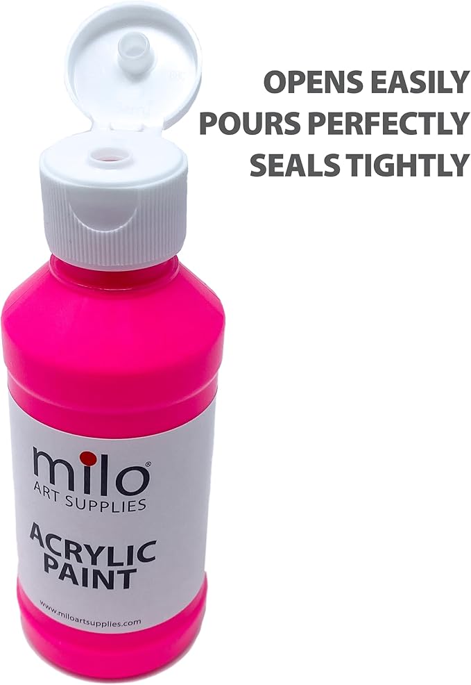 milo Fluorescent Acrylic Paint Set of 6 Colors | 8 oz Bottles | Student Neon Colors Acrylics Painting Pack | Glows UV in Black Light | Non-Toxic Arts & Crafts Paints for Artists & Hobby Painters | Made in USA